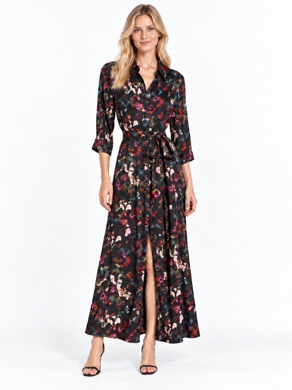 Alice + Olivia Black Multi Floral Satin Maxi Shirt Dress size 0
